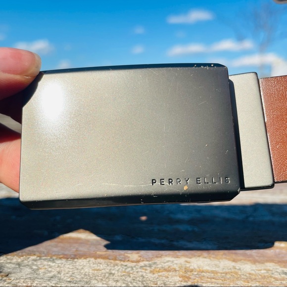 PERRY ELLIS Belt 2-Side Bonded Leather Rectangulat Plate Buckle Brown BLACK - Picture 5 of 15